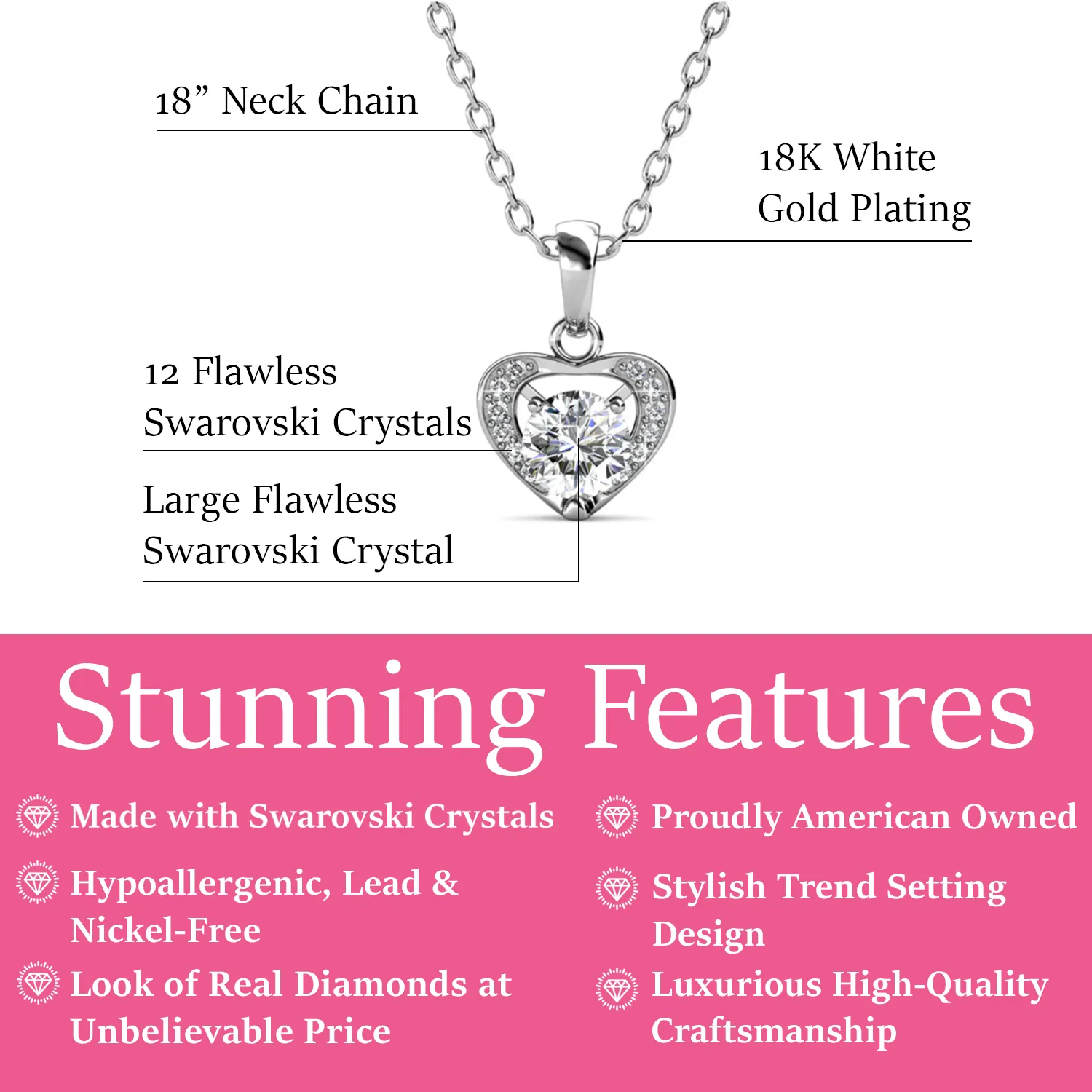 Luxe Swarovski Schmuck Amberly 18k Weißgold vergoldetes Herz-Anhänger Halskette mit Solitär runden Swarovski Kristallen