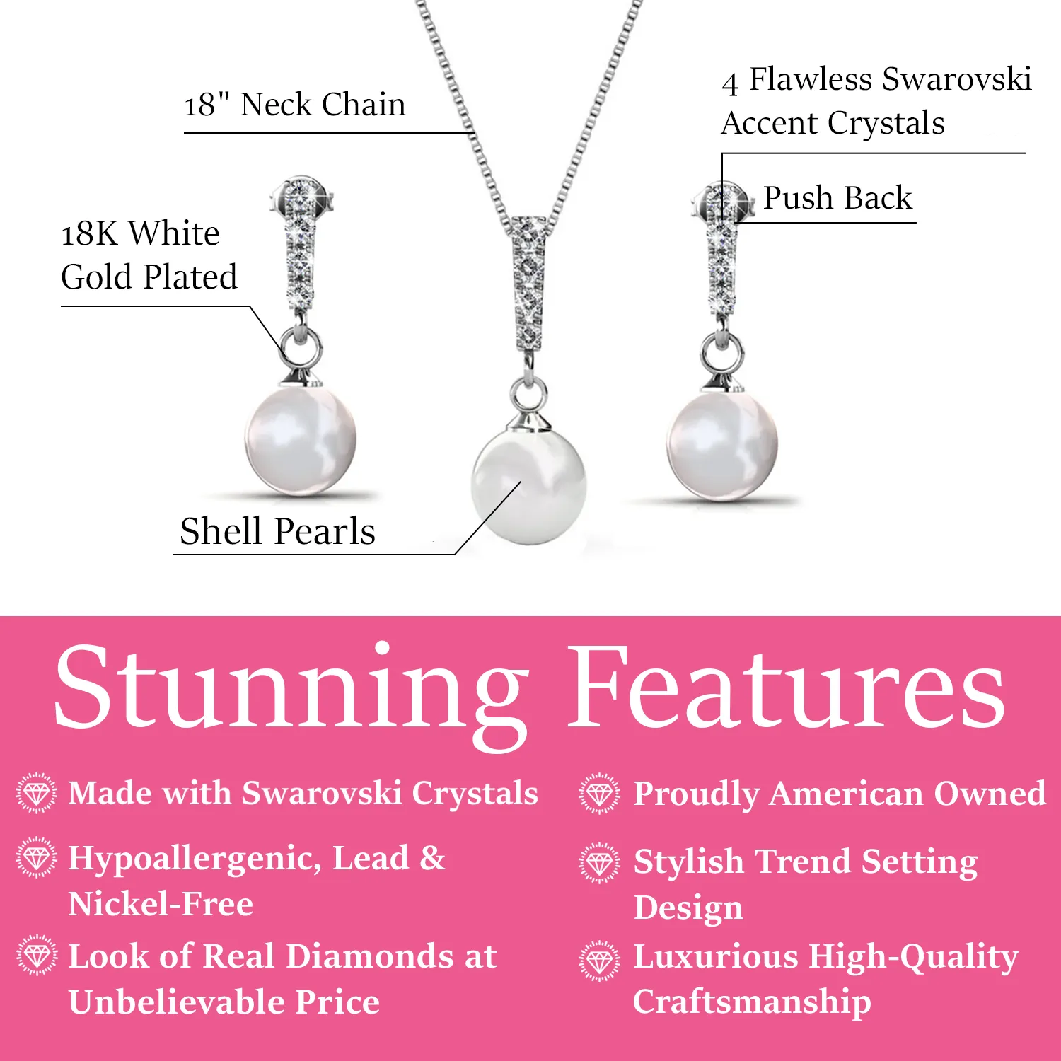 Luxus Swarovski Schmuck Gabrielle 18k Weißgold Perlen Ohrringe und Halskette Set mit Swarovski Kristallen