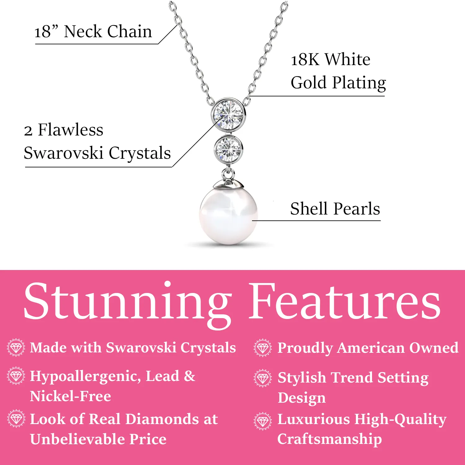 Luxus Swarovski Schmuck Genevieve 18k Weißgold Perlenanhänger Halskette mit Swarovski Kristallen