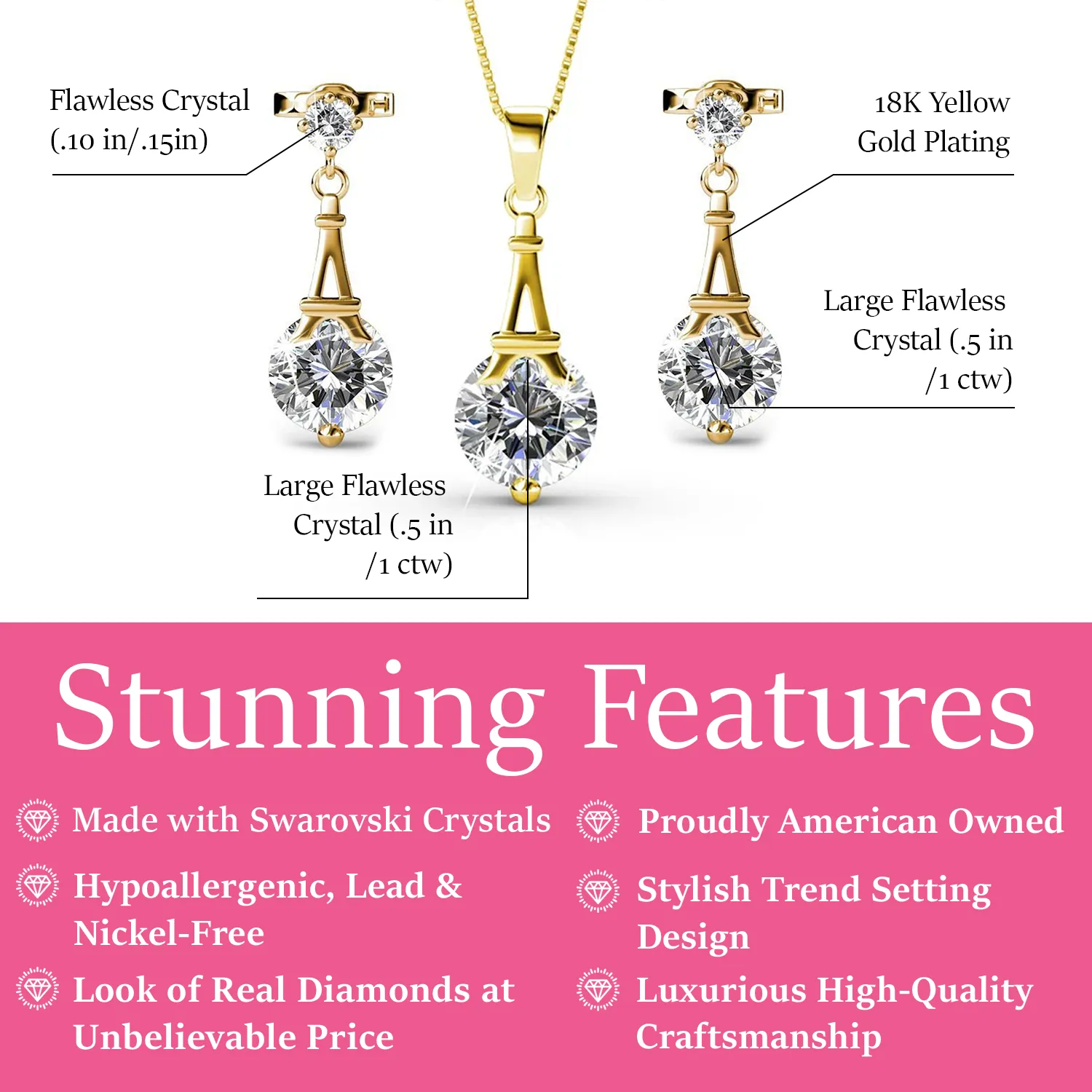Luxus Swarovski Schmuck Isla 18k Weißgold beschichtetes Halsketten- und Ohrring-Set mit Swarovski Kristallen