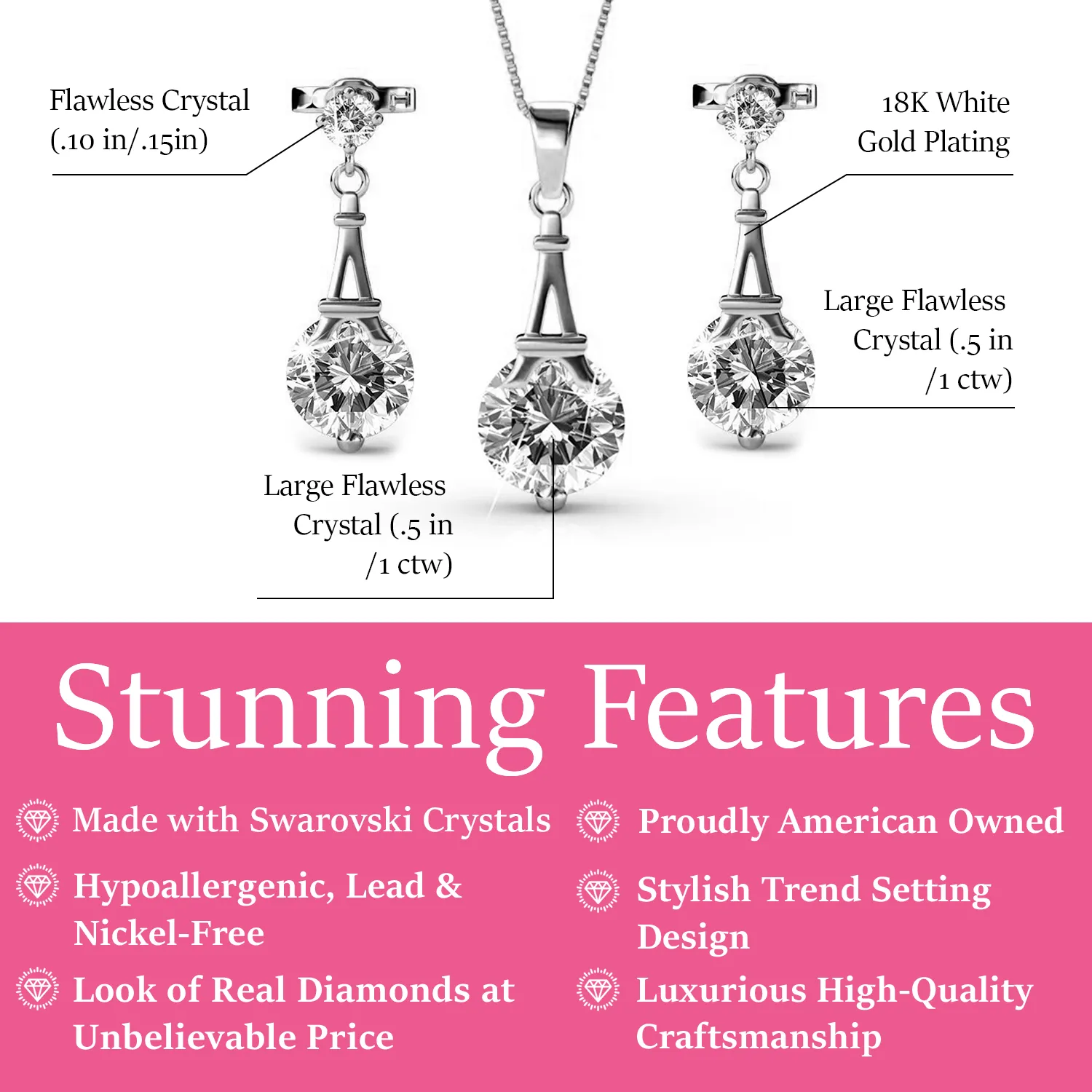 Luxus Swarovski Schmuck Isla 18k Weißgold beschichtetes Halsketten- und Ohrring-Set mit Swarovski Kristallen