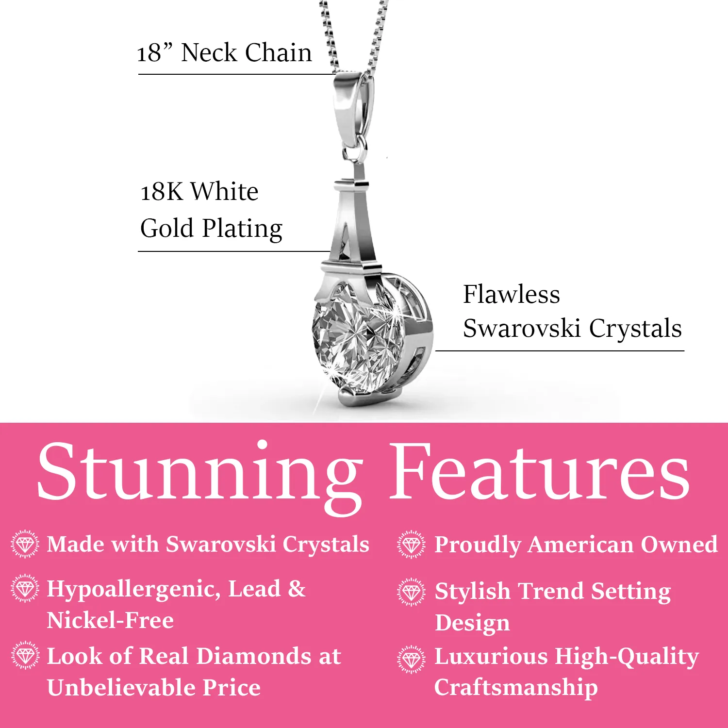 Luxus Swarovski Schmuck Isla Anhänger Halskette aus 18 Karat Weißgold mit rundem Swarovski Kristall