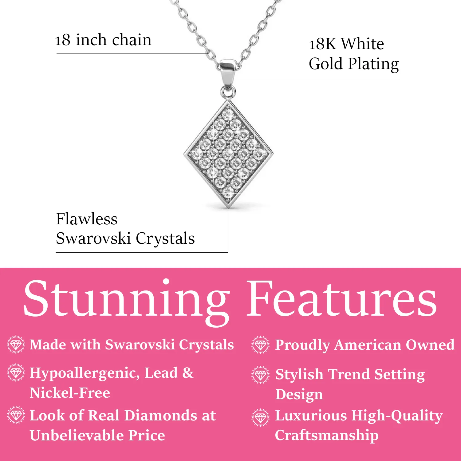 Luxe Swarovski Schmuck Lennon 18 Karat Weißgold Diamantförmiges Anhängerhalskette mit Swarovski Kristall