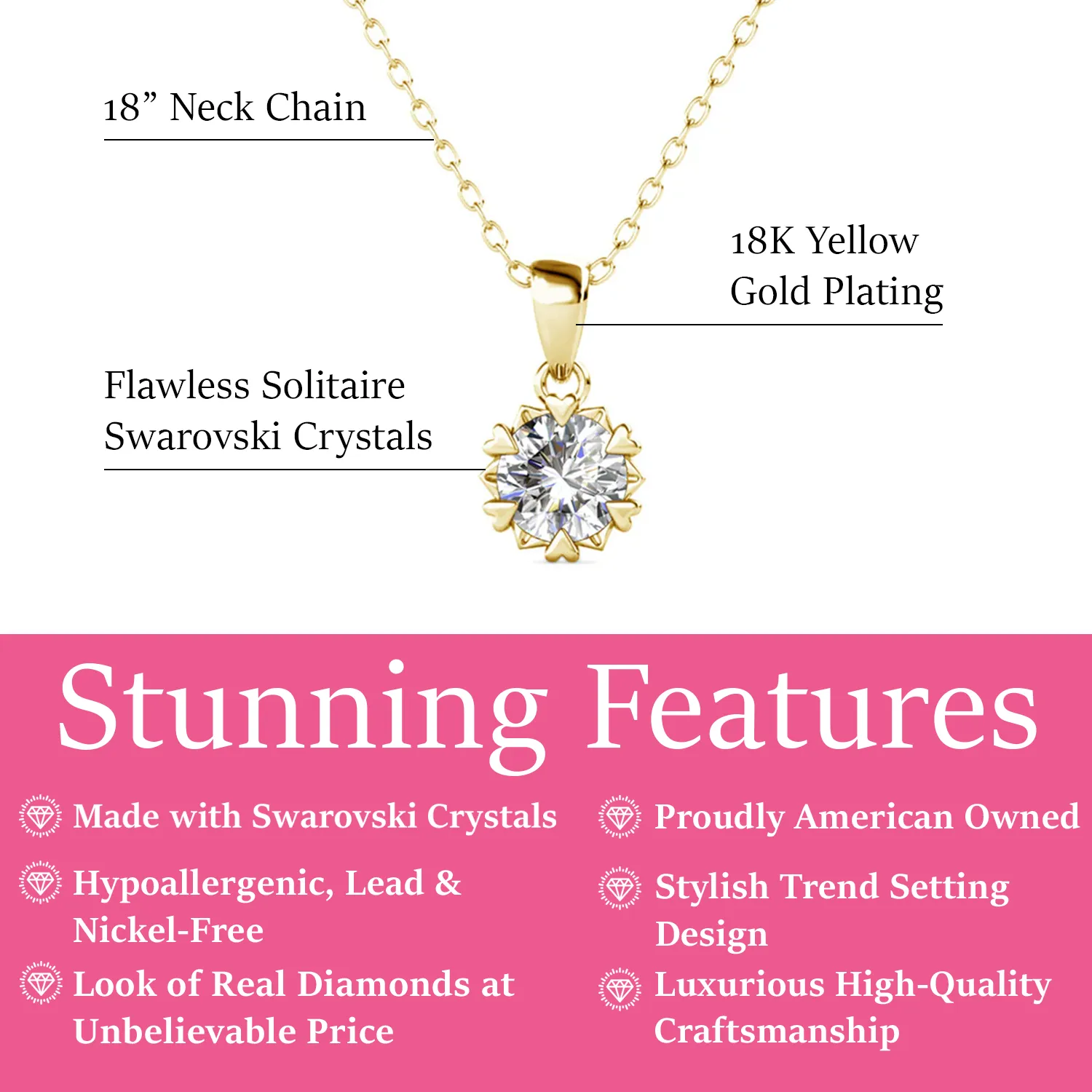 Luxe Swarovski Schmuck Maggie Halskette mit Anhänger aus 18 Karat Weißgold und rund geschliffenem Solitär Swarovski Kristall
