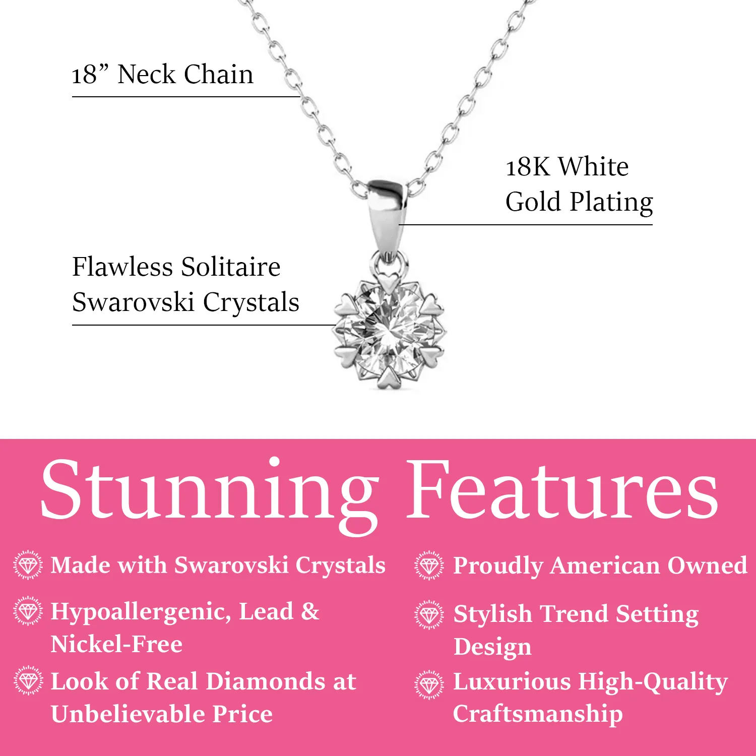 Luxe Swarovski Schmuck Maggie Halskette mit Anhänger aus 18 Karat Weißgold und rund geschliffenem Solitär Swarovski Kristall