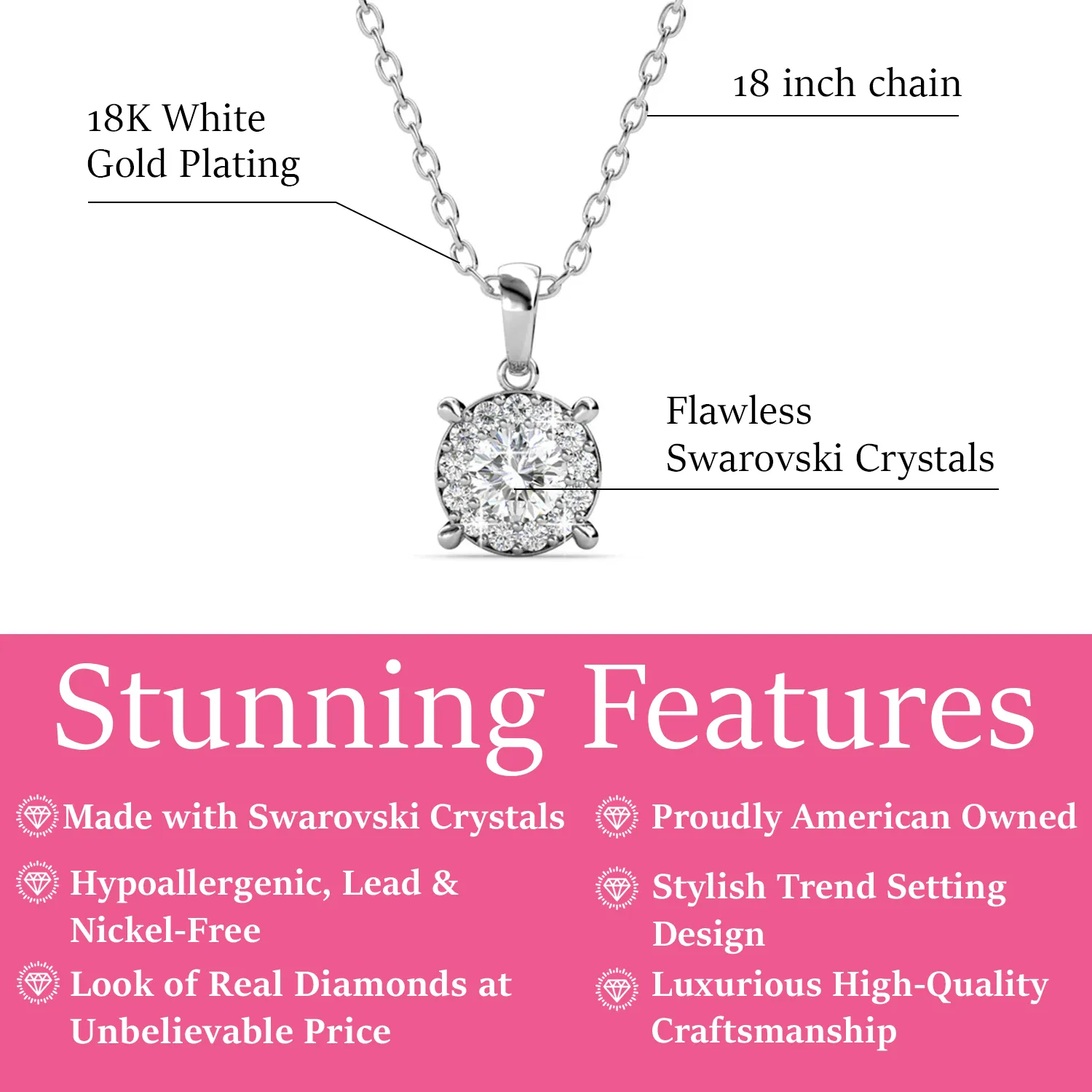 Luxe Swarovski Schmuck Raylee Halo-Anhängerketten aus 18 Karat vergoldetem Weißgold mit Swarovski-Kristallen