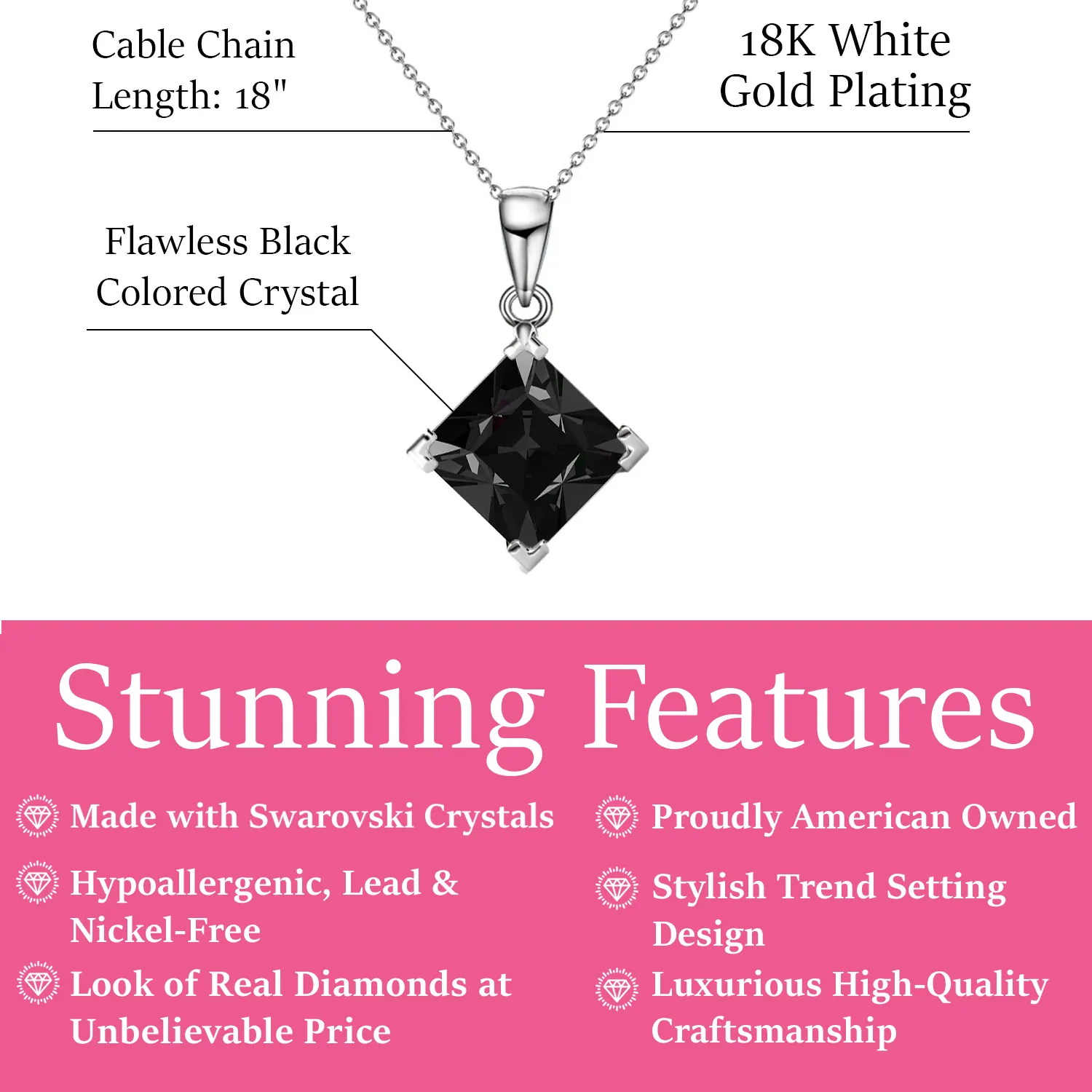 Luxus Swarovski Schmuck Samantha Halskette mit Anhänger aus 18 Karat Weißgold und schwarzem Swarovski Kristall