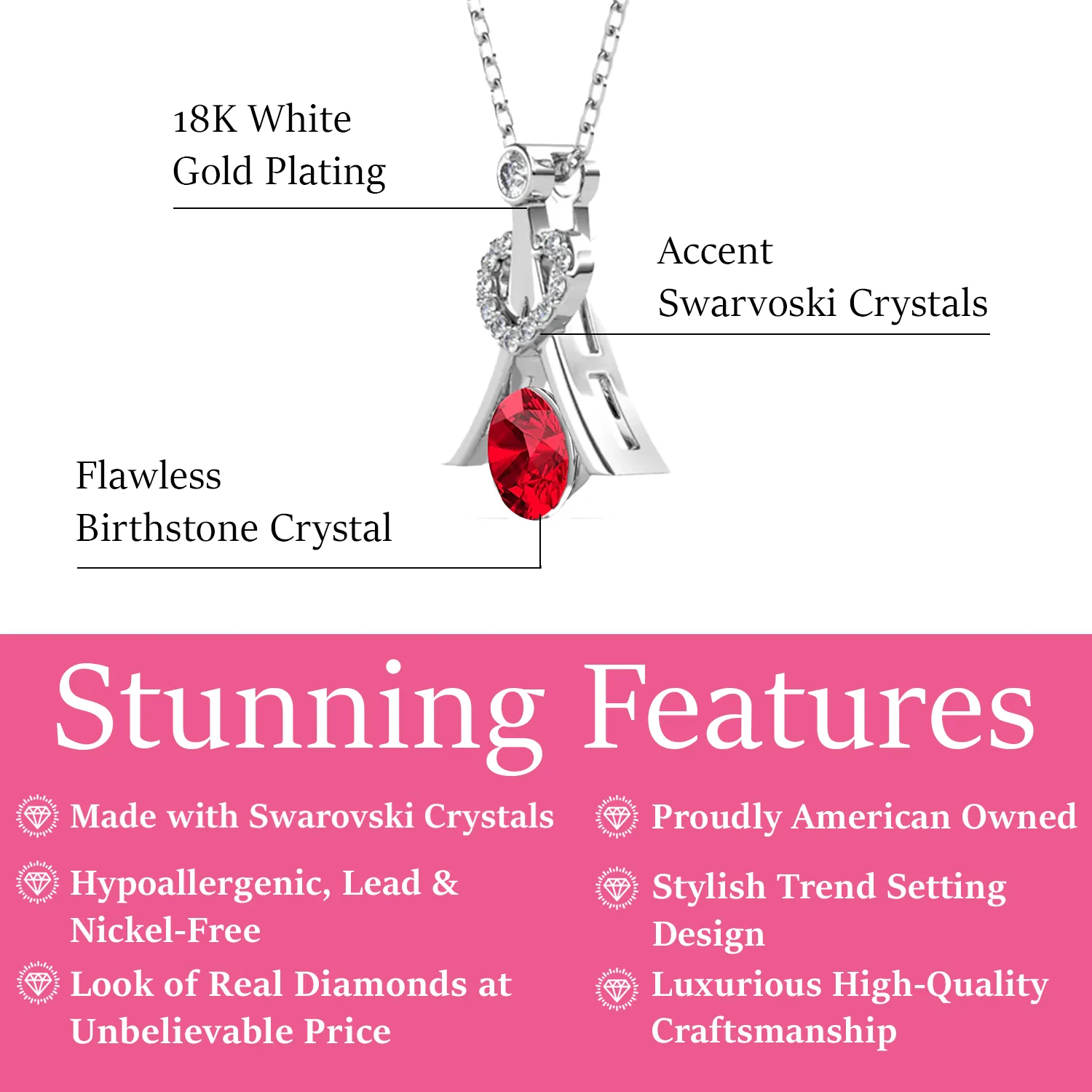 Luxus Swarovski Schmuck Serenity Juli Geburtsstein Rubin Halskette 18k Weißgold beschichtete Silberkette mit runden Swarovski Kristallen