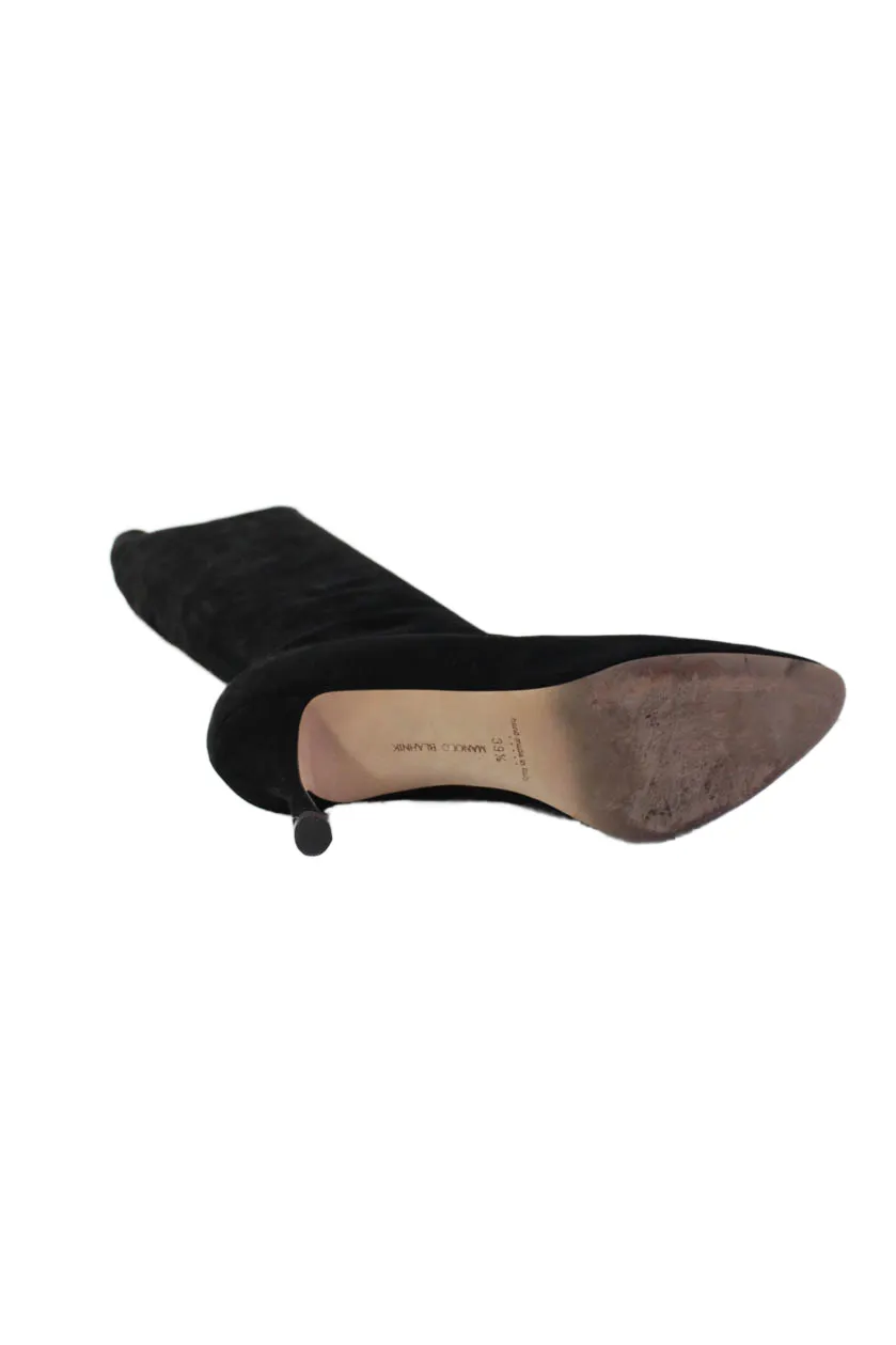 Manolo Blahnik Damen Cone Absatz Spitz Zehen Kniestiefel Schwarz Wildleder 39.5 Schuhe_Manolo-Blahnik