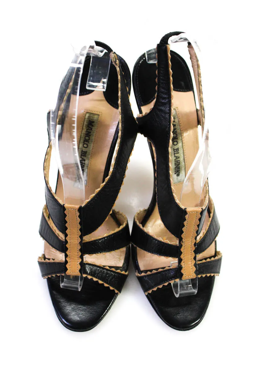 Manolo Blahnik Damen Stiletto Sandalen mit Wellenrand und Knöchelriemen Schwarz Leder 37 LL19LL Schuhe_Manolo-Blahnik