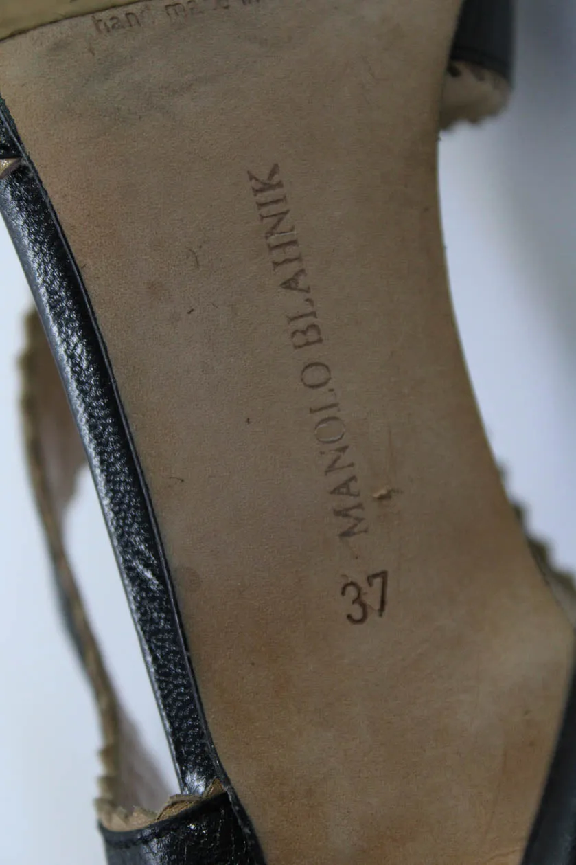 Manolo Blahnik Damen Stiletto Sandalen mit Wellenrand und Knöchelriemen Schwarz Leder 37 LL19LL Schuhe_Manolo-Blahnik