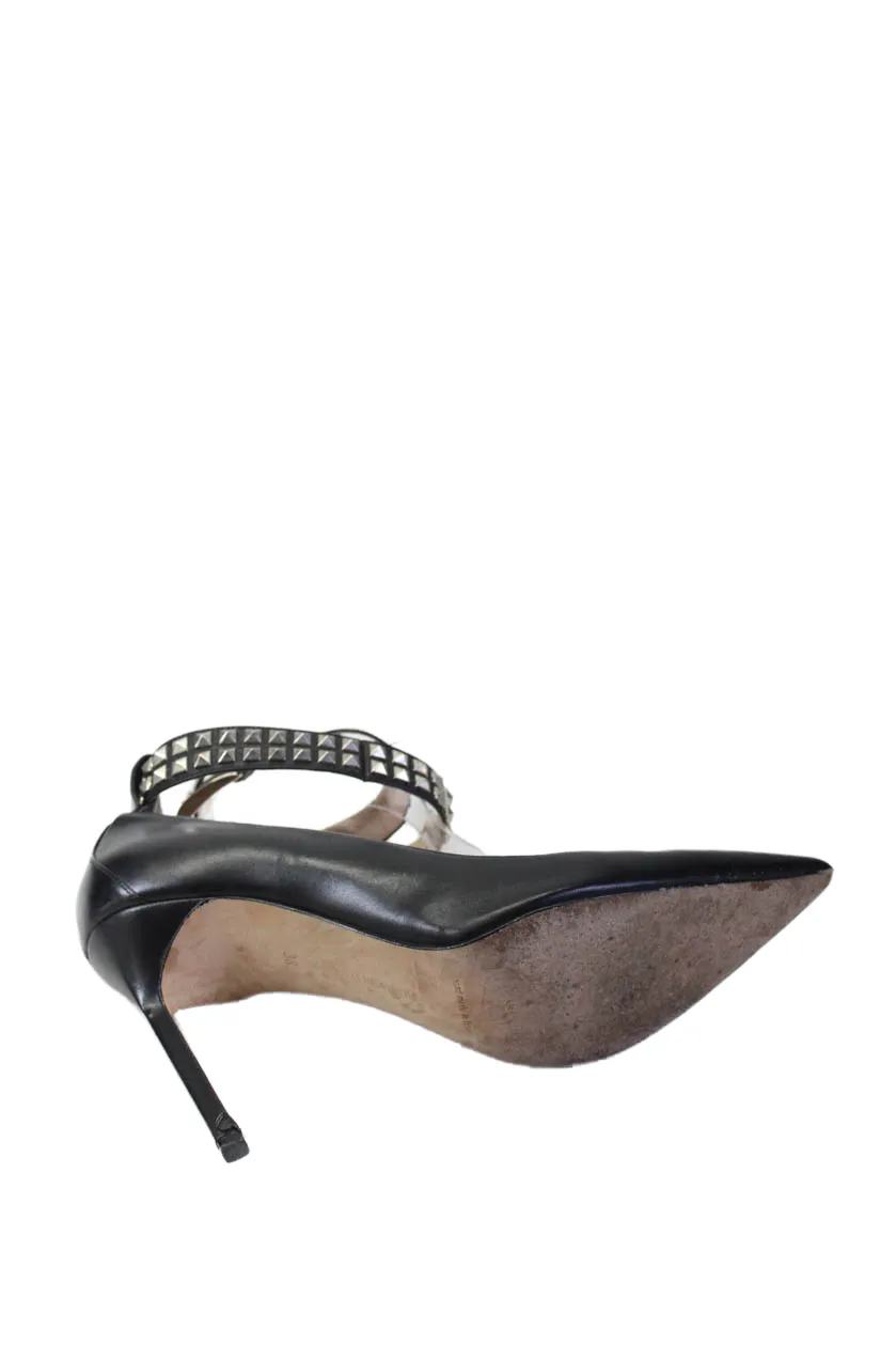 Manolo Blahnik Damen Stiletto Pumps mit Nieten und Knöchelriemen aus schwarzem Leder_Manolo-Blahnik