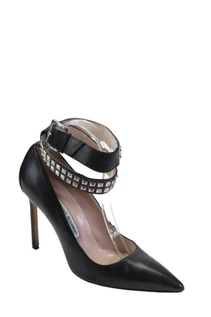 Manolo Blahnik Damen Stiletto Pumps mit Nieten und Knöchelriemen aus schwarzem Leder_Manolo-Blahnik