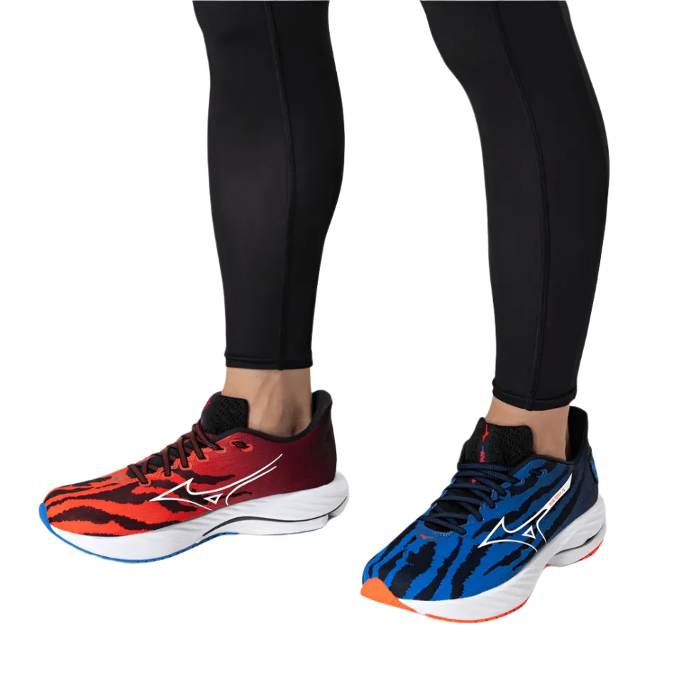 Mizuno Unisex Wave Rider 28 Laufschuhe in Oni-Dämon Mizuno Ignition Rot/Weiß/Baseball Blau SS25
