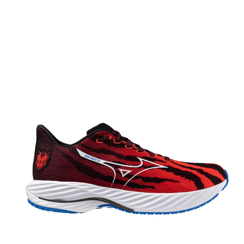 Mizuno Unisex Wave Rider 28 Laufschuhe in Oni-Dämon Mizuno Ignition Rot/Weiß/Baseball Blau SS25