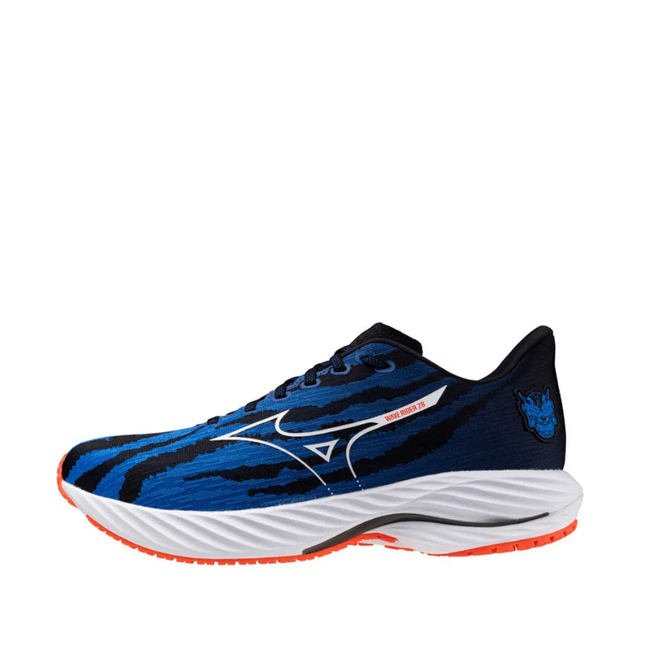 Mizuno Unisex Wave Rider 28 Laufschuhe in Oni-Dämon Mizuno Ignition Rot/Weiß/Baseball Blau SS25