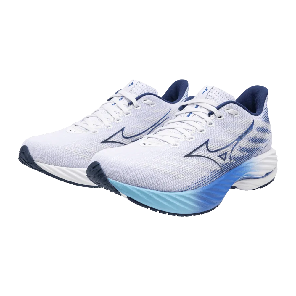 Mizuno Damen Wave Rider 28 Laufschuhe in Weiß/Mugen Blau/Fluss Blau AW24