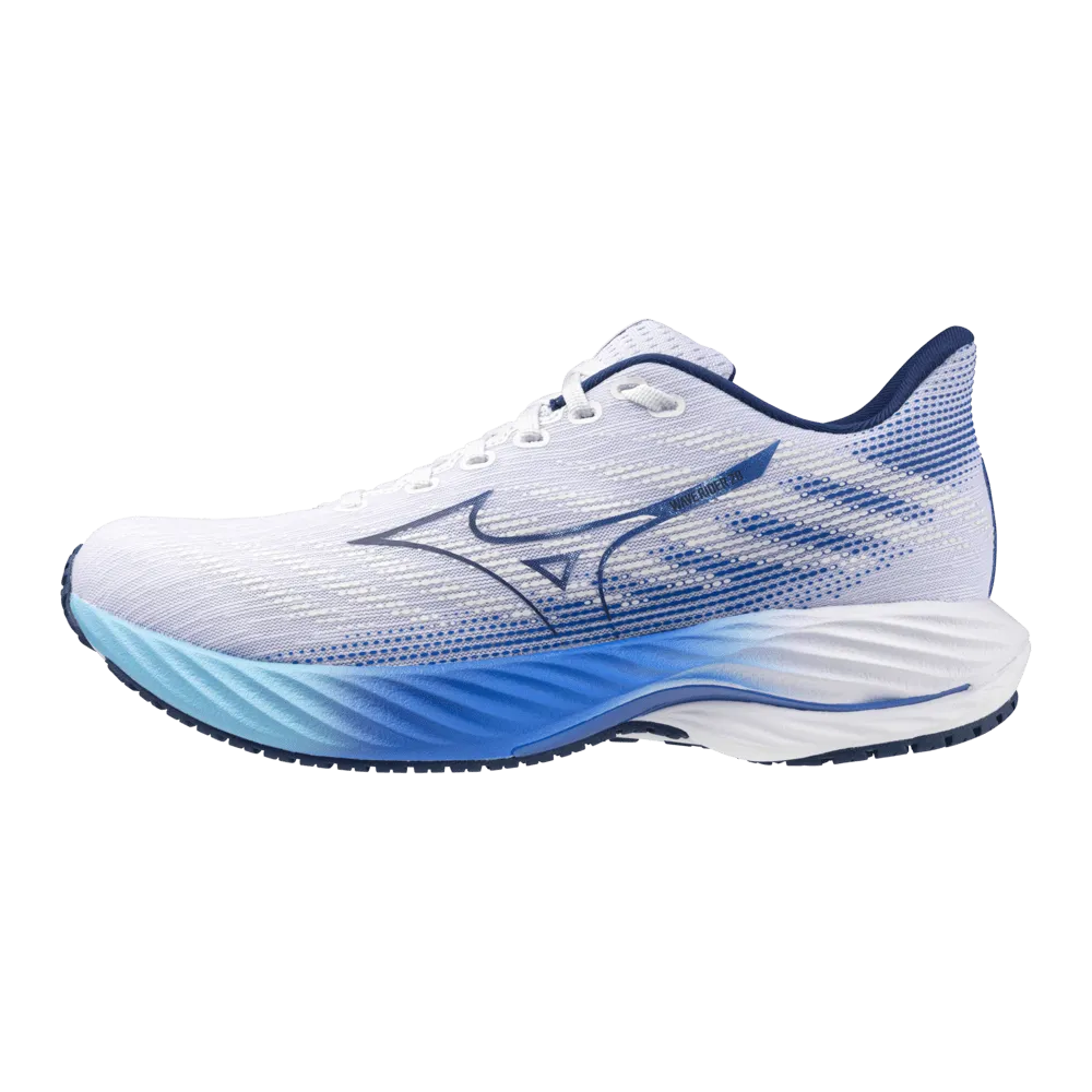 Mizuno Damen Wave Rider 28 Laufschuhe in Weiß/Mugen Blau/Fluss Blau AW24