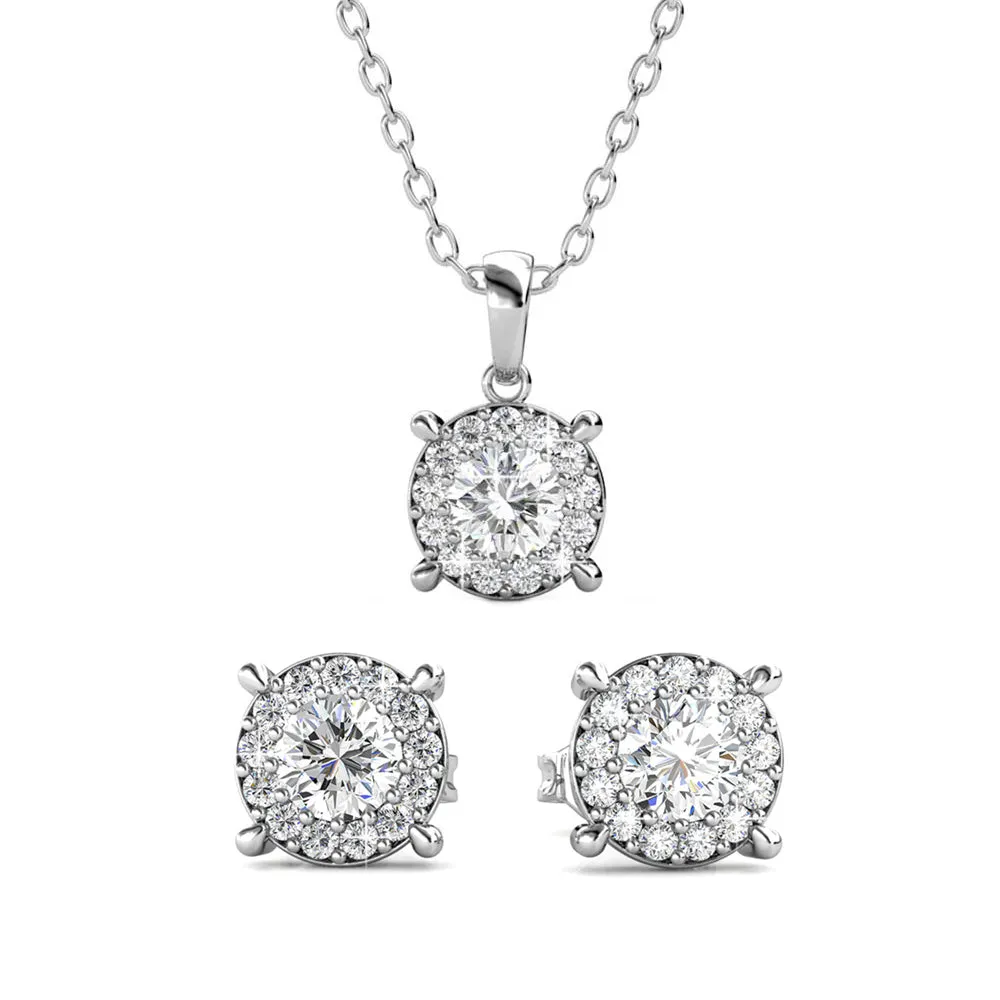 Raylee 18k Weißgold Halo Halskette und Stecker Ohrringe Schmuckset mit Swarovski Kristallen