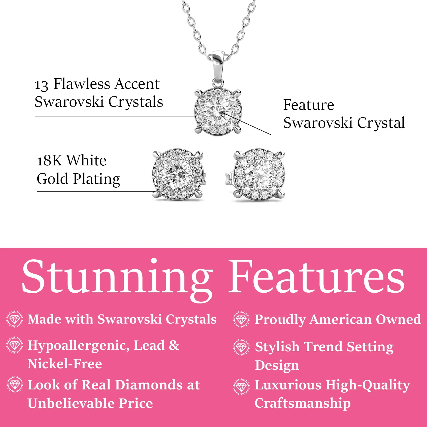 Raylee 18k Weißgold Halo Halskette und Stecker Ohrringe Schmuckset mit Swarovski Kristallen