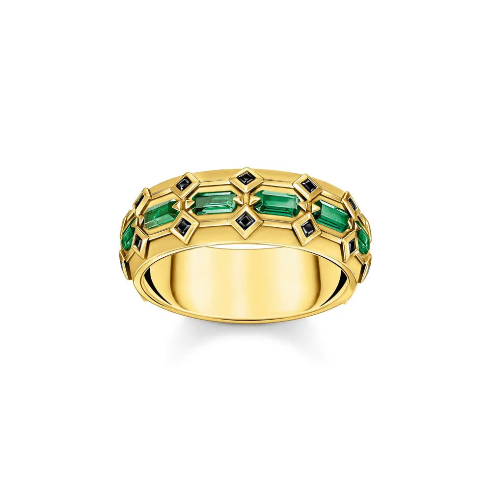 Thomas Sabo Silberschmuck Thomas Sabo Krokodil-Stein Grün Breiter Ring mit Gelbgoldbeschichtung