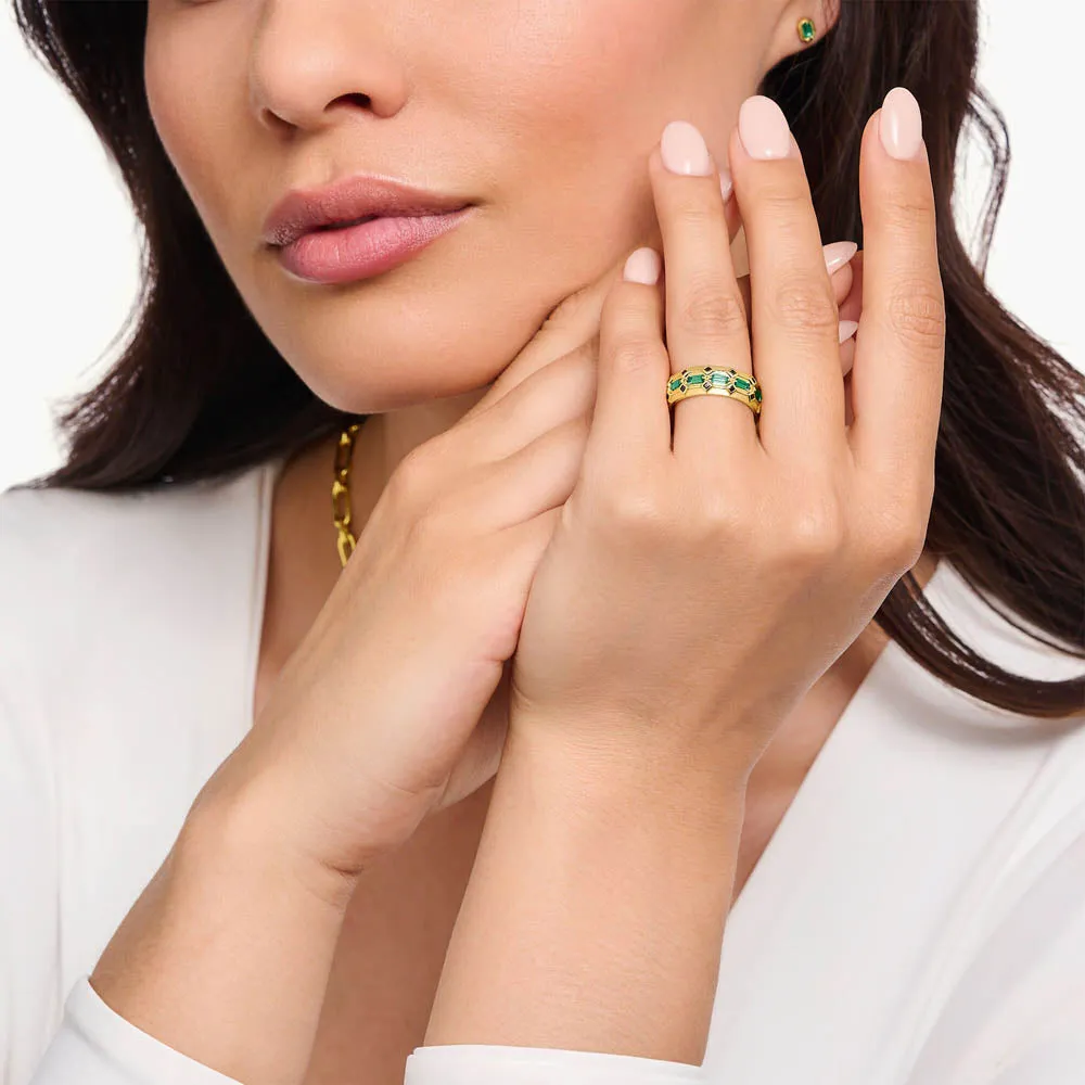 Thomas Sabo Silberschmuck Thomas Sabo Krokodil-Stein Grün Breiter Ring mit Gelbgoldbeschichtung