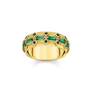 Thomas Sabo Silberschmuck Thomas Sabo Krokodil-Stein Grün Breiter Ring mit Gelbgoldbeschichtung